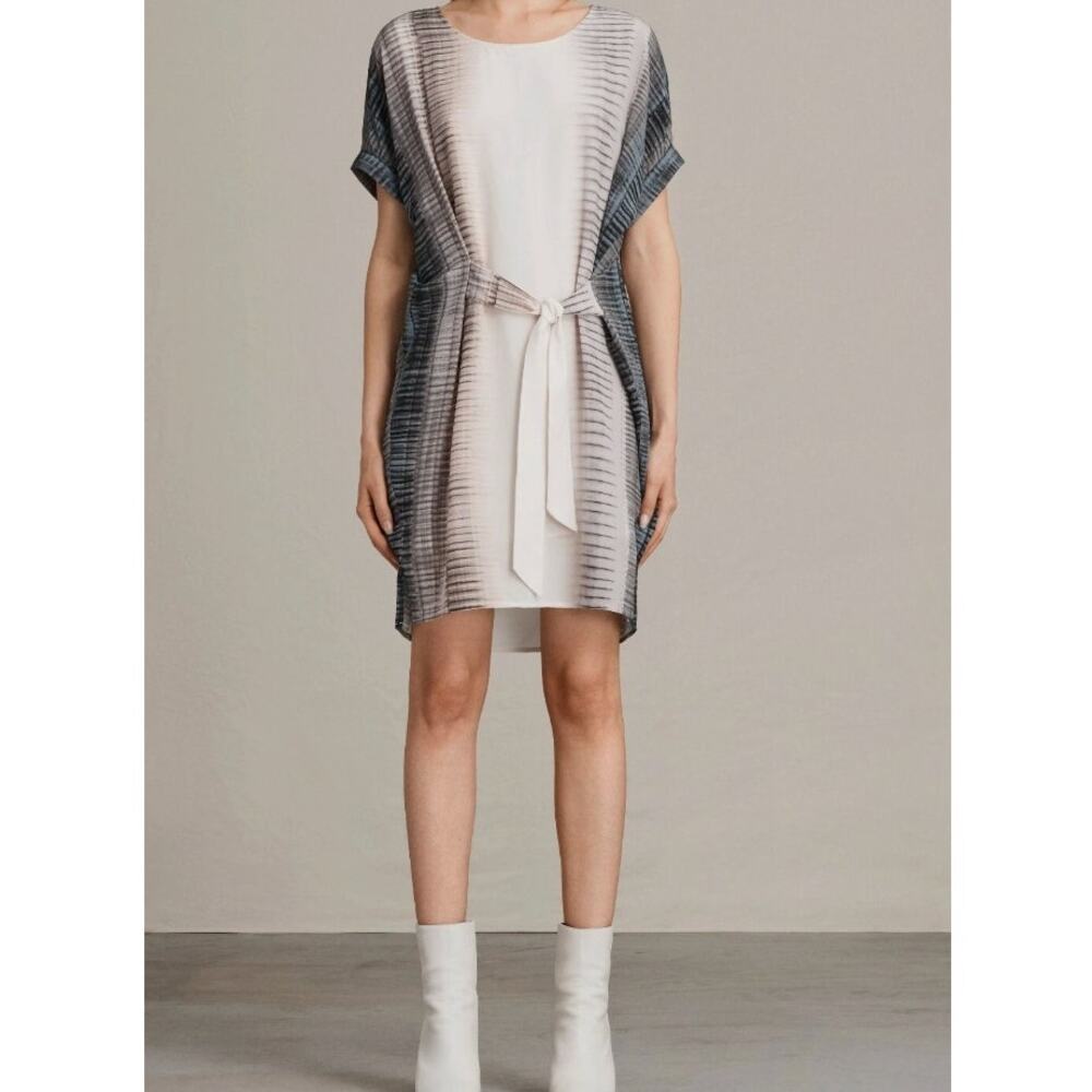 ALL SAINTS Sonny Dusk Silk Shift Dress size S Grey Blush Tie Dye Print Tie Waist